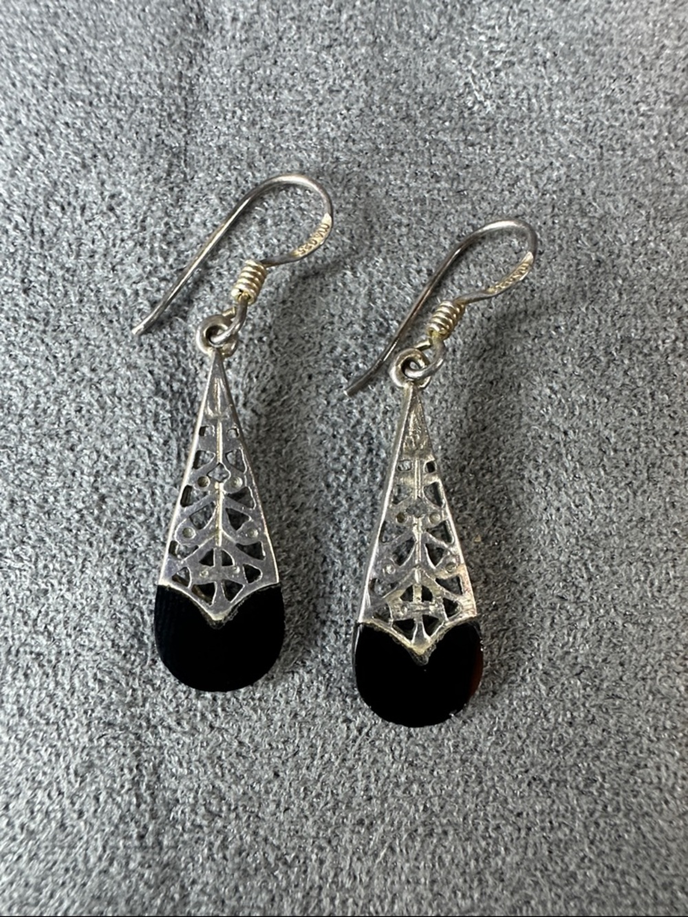 Sterling Silver Black Teardrop Filigree Dangle Earrings